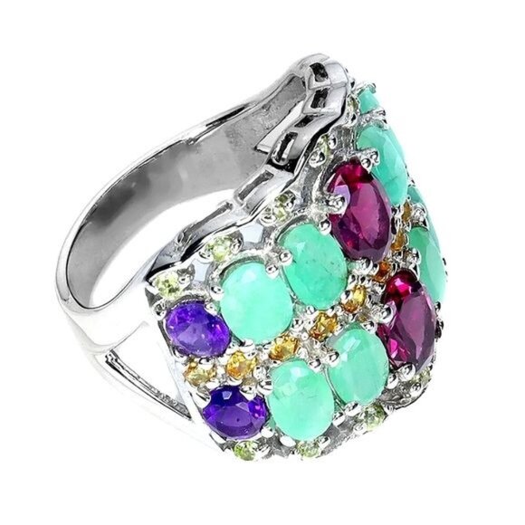 Natural Rhodolite 7x5mm, Amethyst, Emerald 925 Sterling Silver Ring  Sz 8.5 - Picture 3 of 3